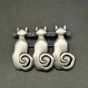 Vintage Trio Cat Brooch Signed JJ Pewter